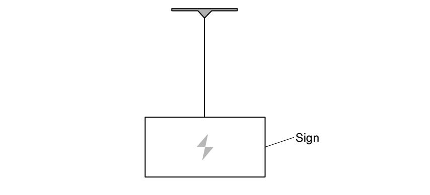 A rectangular sign hangs from the ceiling by a vertical string.