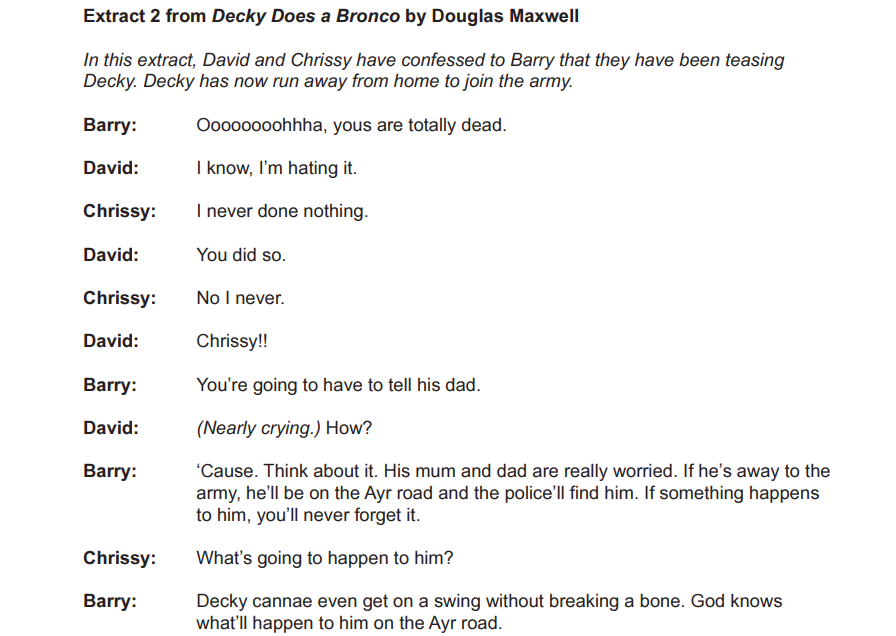 Text from "Decky Does a Bronco" play extract; dialogue between Barry, David, and Chrissy about a boy named Decky who has run away to join the army.