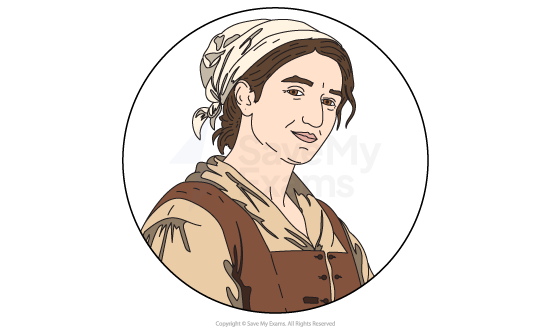 Illustration of a person in historical attire, with a white headscarf and brown vest, looking serenely at the viewer within a circular frame.