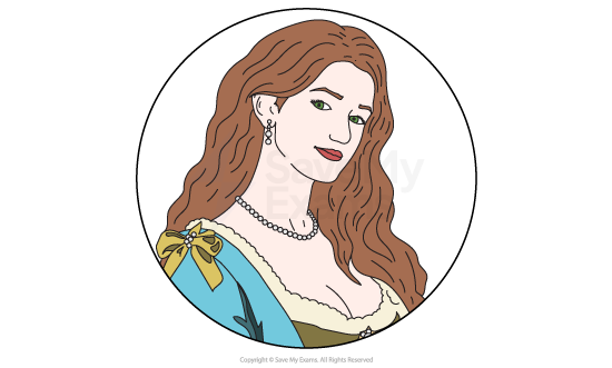 Illustration of a woman with long red hair wearing a blue dress with a green bow, pearl earrings, and a necklace, within a circular frame.