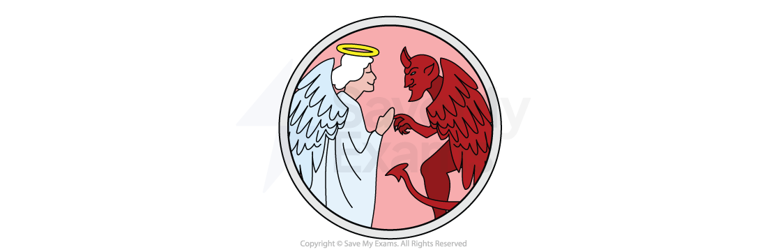Angel and devil facing each other in a circle. The angel wears a halo and white robe; the devil is red with horns and wings. Background is half blue, half red.