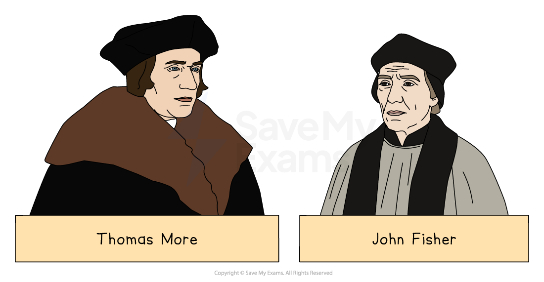 Illustration of two historical figures in dark attire and hats; left labelled "Thomas More," right "John Fisher," with a minimalist style.