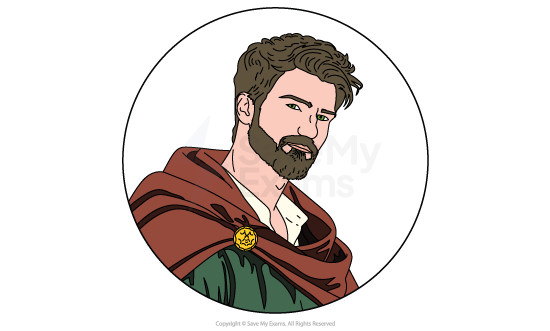 Illustration of a man with a beard and brown hair, wearing a green robe and brown cloak with a yellow brooch, set in a circular frame.