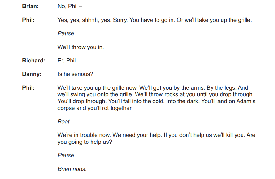 Script excerpt showing a tense dialogue between characters Brian, Phil, Richard, and Danny, discussing drastic measures and seeking urgent help.
