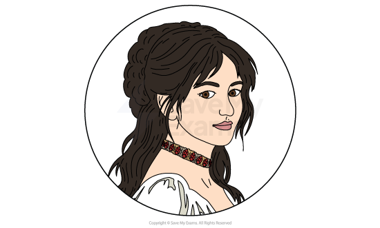 Illustration of a woman with long brown hair in a braid, wearing a floral choker and white top, looking over her shoulder within a circular frame.