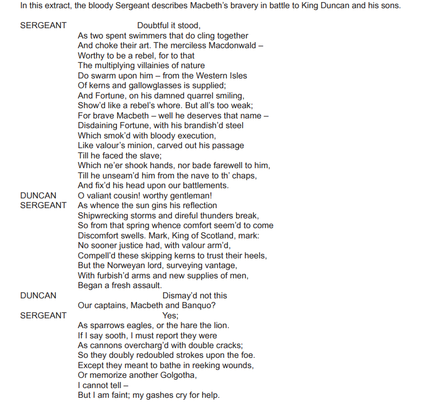 Text from "Macbeth" where a sergeant describes Macbeth's bravery in battle to King Duncan and his sons, highlighting Macbeth's heroism and skill.