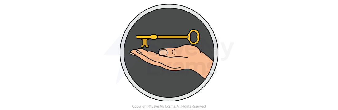 An open hand holds a golden key against a dark grey circular background, symbolising trust or opportunity.