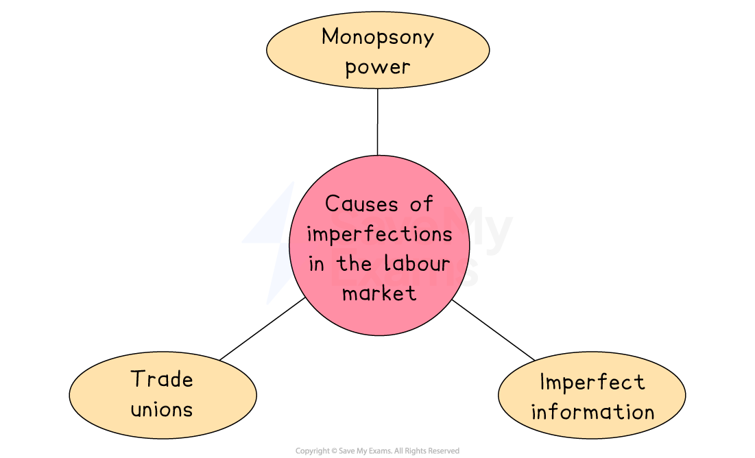 Diagram showing causes of imperfections in the labour market: monopsony power, imperfect information, and trade unions connected to a central oval.