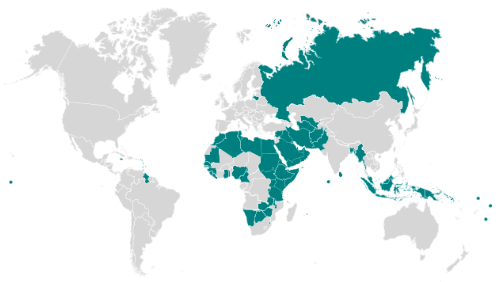 World map with selected countries in teal across Africa, the Middle East, Russia, parts of Asia, the Caribbean and Pacific, with other nations in grey