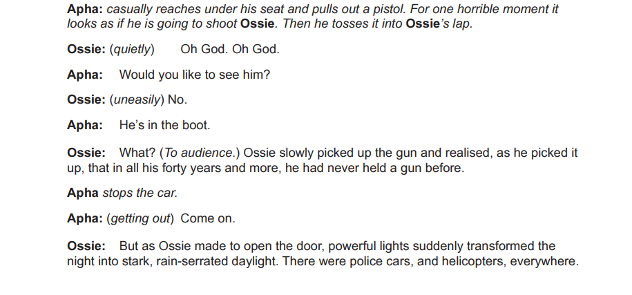 Script excerpt showing a tense dialogue between Apha and Ossie involving a pistol and a car stop, ending with police lights surrounding them.