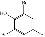 Chemical structure of 2,4,6-tribromophenol, a benzene ring with three bromine atoms and one hydroxyl group attached to alternating carbon atoms.