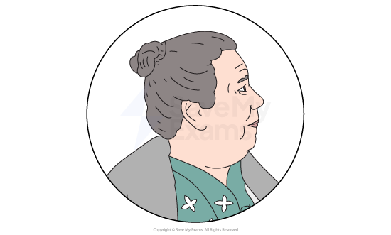 Illustration of a person in profile with hair in a bun, wearing a green top with white details, encircled by a thin line on a white background.