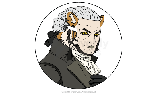 Illustration of a humanoid tiger in historical attire with grey wig, ruffled shirt, and dark coat, set in a white circular frame.