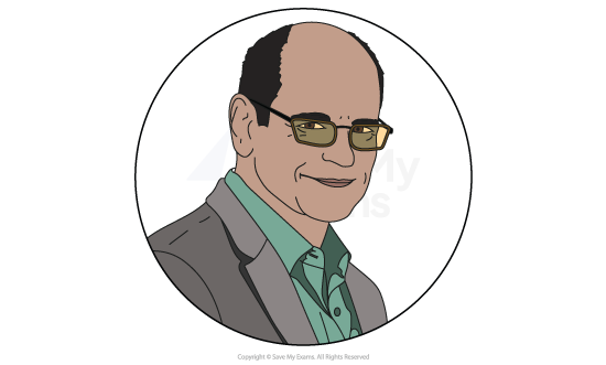 Cartoon-style portrait of a middle-aged bald man in glasses, green shirt and grey blazer, smiling slightly within a circular frame on a white background