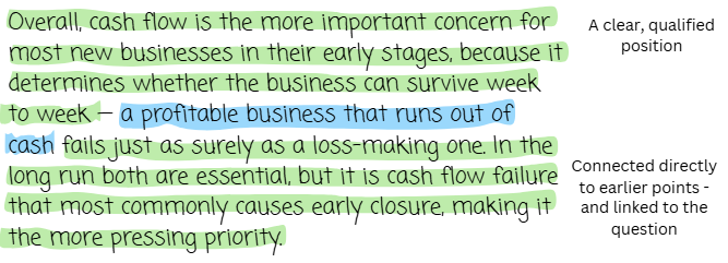 Highlighted text discussing cash flow's importance for new businesses, with annotations pointing to a clear position and connection to earlier points.
