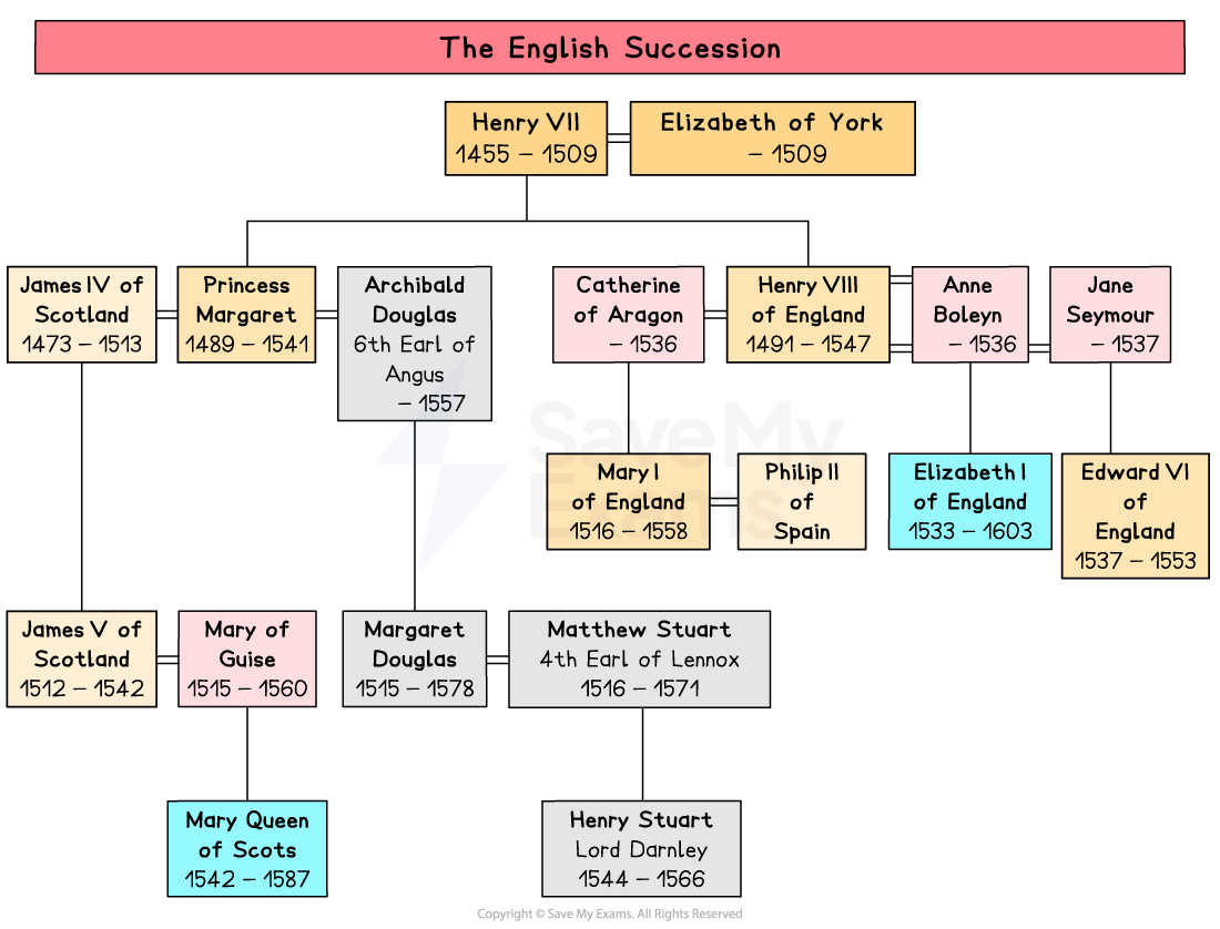 Colour-coded family tree titled “The English Succession”, showing Henry VII’s descendants linking Tudors, Scottish monarchs and Mary Queen of Scots to Elizabeth I