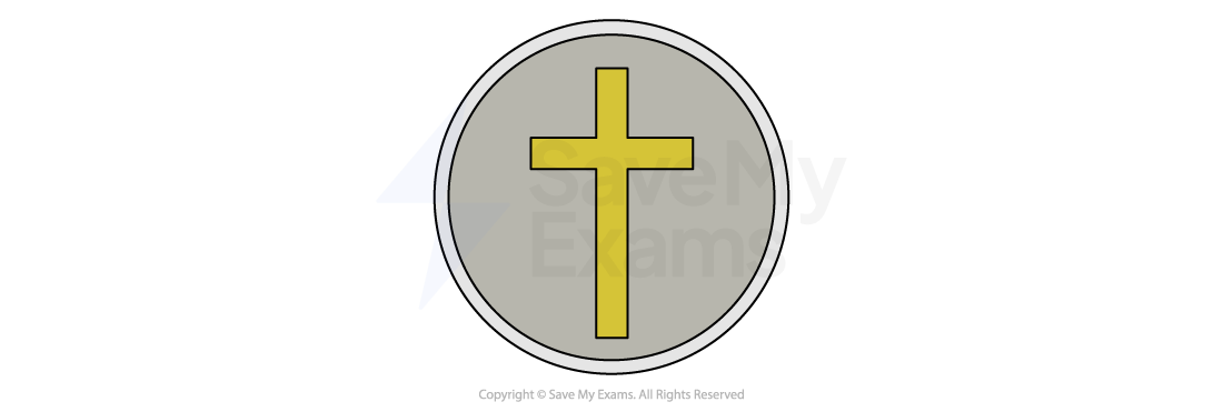 A circular grey badge with a yellow cross in the centre, outlined with a thin black border.