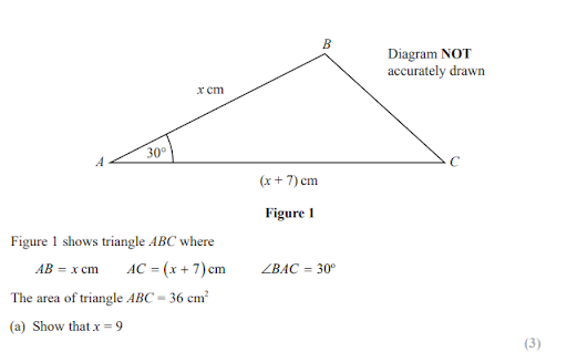 Geometry problem with triangle ABC, angle BAC is 30 degrees, AB is x cm, AC is (x+7) cm, area is 36 cm². Task is to show x equals 9.