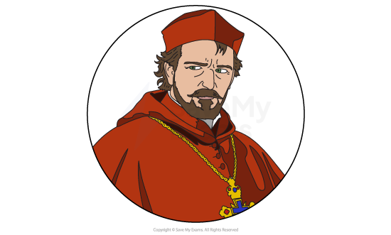 Illustration of a man in cardinal attire with a red hat and cloak, wearing a gold chain and key. He has a beard and serious expression.