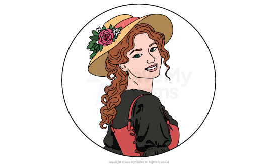 Illustration of a smiling woman with red curly hair, wearing a flowered hat and a black dress with red accents, looking over her shoulder.