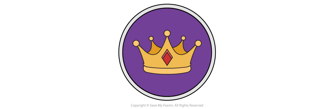 Illustration of a gold crown with a red jewel on a purple circular background, outlined in white and black.