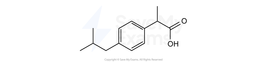 Chemical structure of ibuprofen, displaying a benzene ring attached to a carboxylic acid group and an isobutyl chain.