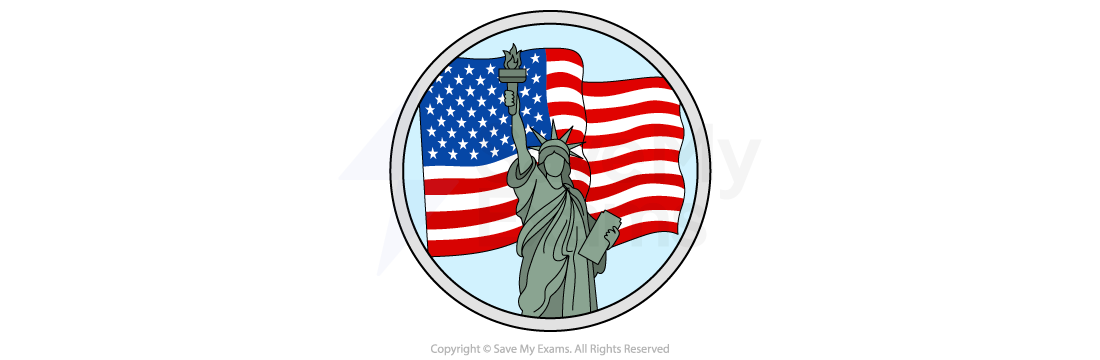 The image shows the Statue of Liberty with the American flag in the background, encircled by a grey border. The flag is prominently waving.