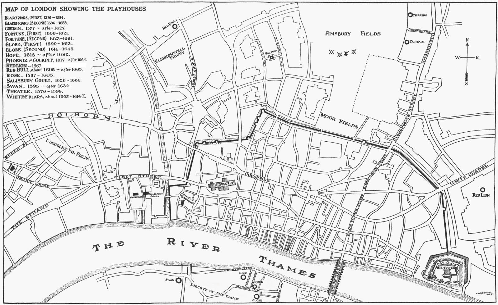 Historic map of Elizabethan London marking major playhouses, streets and the River Thames, including the Globe, Swan, Rose and Blackfriars theatres