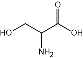 Chemical structure of serine, an amino acid, displaying its functional groups including hydroxyl, amino, and carboxyl groups bonded to a carbon backbone.