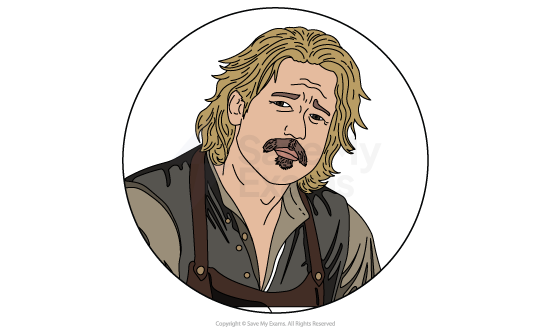 A cartoon man with long blonde hair and a moustache, wearing a brown apron over a green shirt, looking sceptical, set in a circular frame.