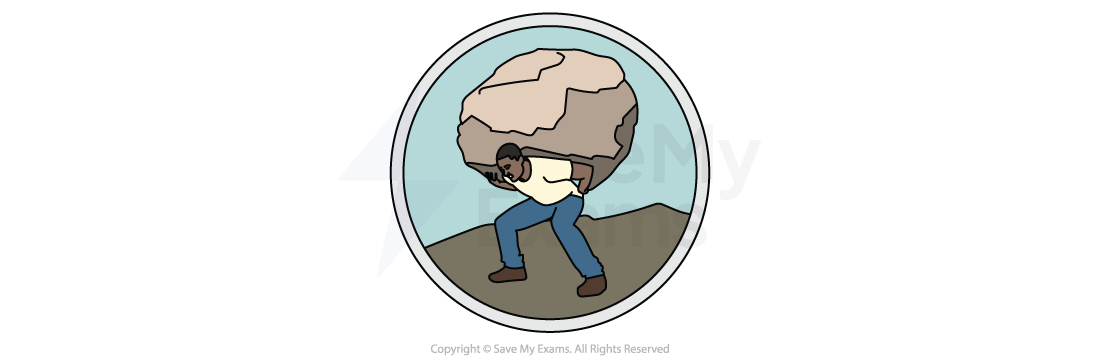 Illustration of a man struggling to carry a large boulder on his back, symbolising a heavy burden, set against a light blue circular background.