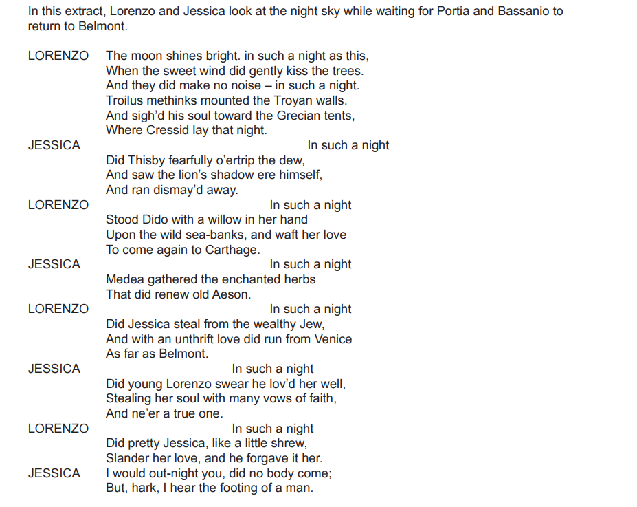 Text from "The Merchant of Venice" where Lorenzo and Jessica reflect on the night sky, recalling romantic and mythical night scenes.