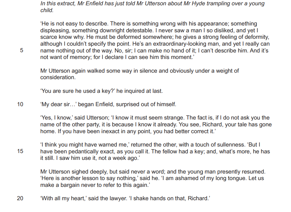 Text excerpt from "Dr. Jekyll and Mr. Hyde" involving a discussion between Mr Enfield and Mr Utterson about Mr Hyde's unsettling appearance and actions.