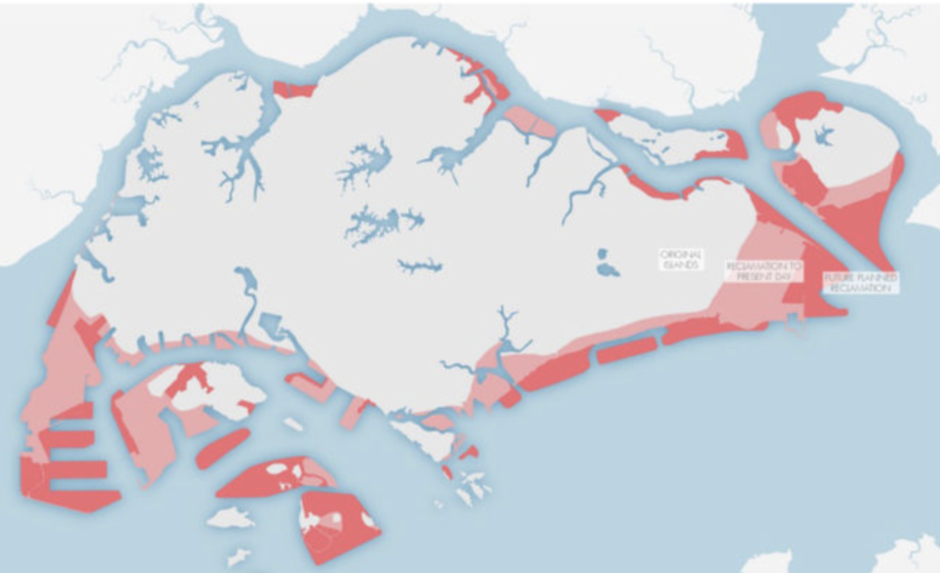 Map depicting land reclamation in Singapore. Original land in grey, existing reclaimed areas in pink, future planned reclamation outlined.