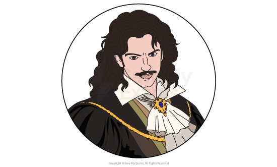 Illustration of a man with long curly hair, wearing a ruffled collar and ornate clothing with a sash and brooch, in a circular frame.