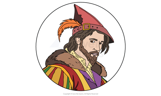 Illustration of a man in a red hat with a feather, multicoloured striped robe, and fur collar, portrayed in a circular frame.