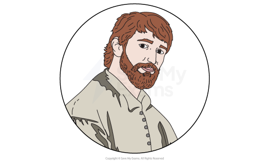 Illustration of a bearded man with brown hair, wearing a light-coloured, buttoned shirt, inside a circular frame. His expression is neutral.