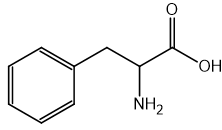 Chemical structure of phenylalanine, showing a benzene ring connected to a carbon chain with an amine group and a carboxylic acid group.