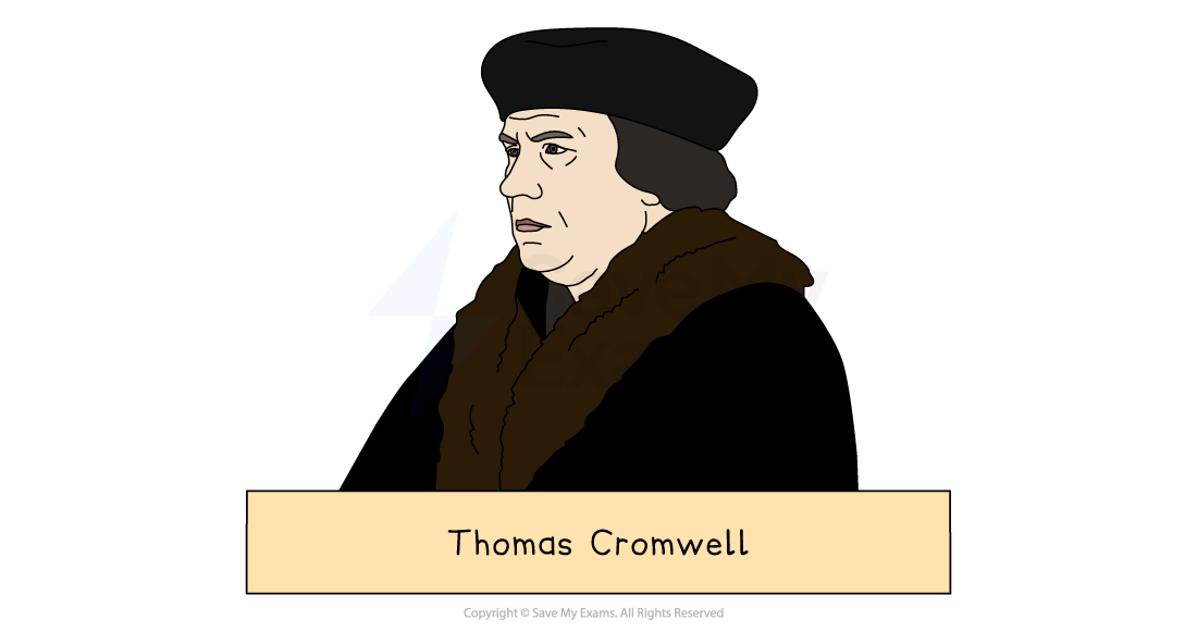 Illustration of a historical figure in a black hat and brown fur collar, identified as Thomas Cromwell, facing left against a white background.