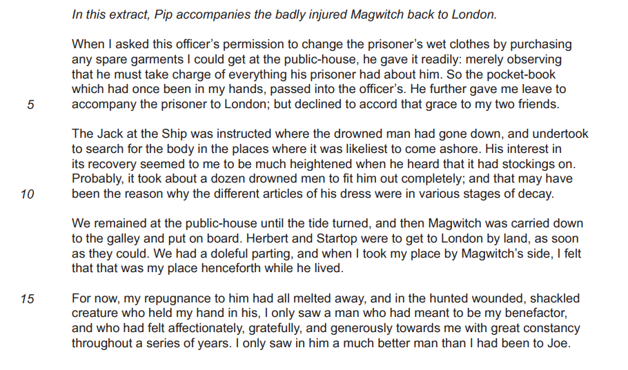 Passage from a novel where Pip accompanies an injured Magwitch to London, expressing emotions and detailing events and interactions.