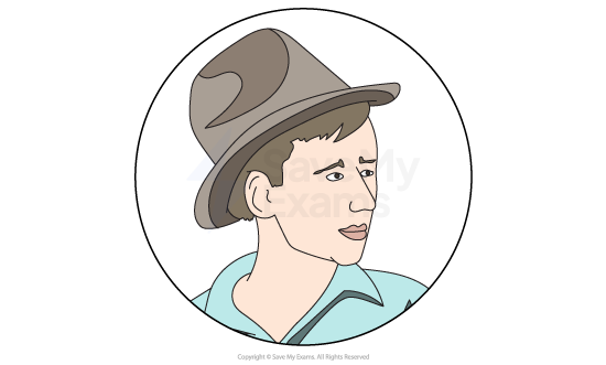 Illustration of a man in a brown hat and blue shirt, looking to the side, inside a circular frame on a white background.