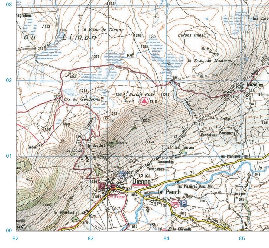 Topographic map showing Dienne, Croix du Gendarme, and Nozières. Features contour lines, roads, rivers, and forests for navigation and terrain details.