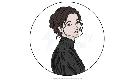 Illustration of a woman with tied dark hair, wearing a high-necked black top, looking over her shoulder within a circular border.