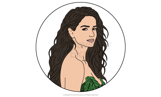 Illustration of a woman with long, wavy hair, looking over her shoulder, wearing a green leaf-patterned strapless top within a circular frame.