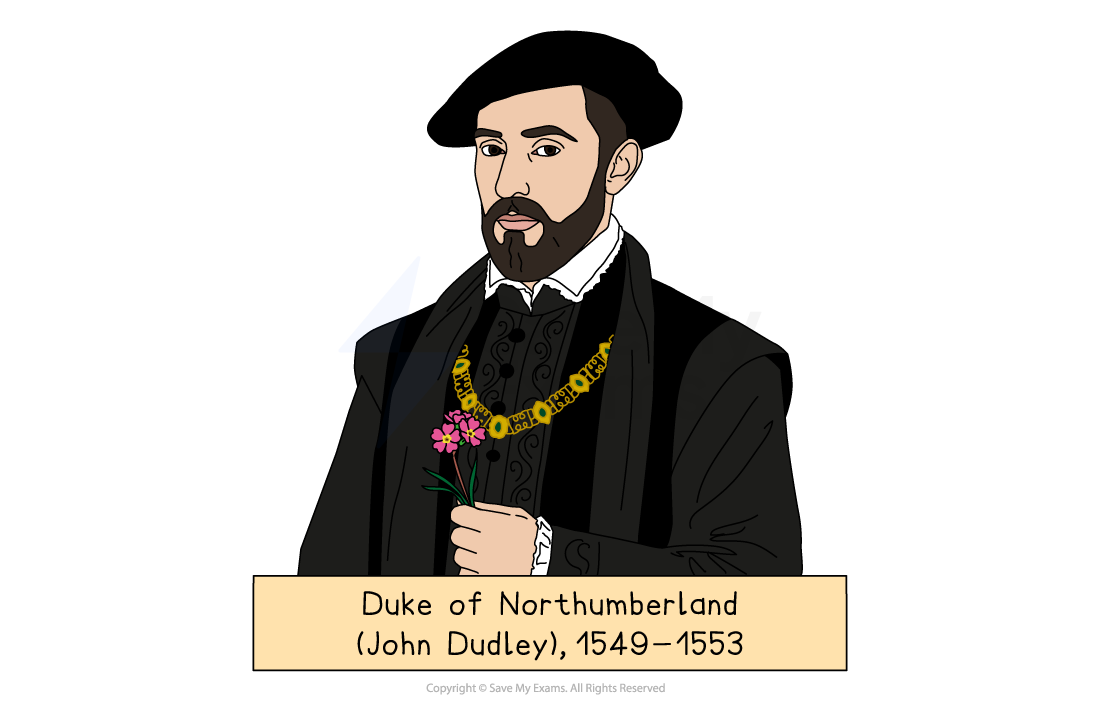Illustration of a man in Tudor attire with a black beret and a gold chain, holding a pink flower. Text below reads "Duke of Northumberland (John Dudley), 1549–1553".