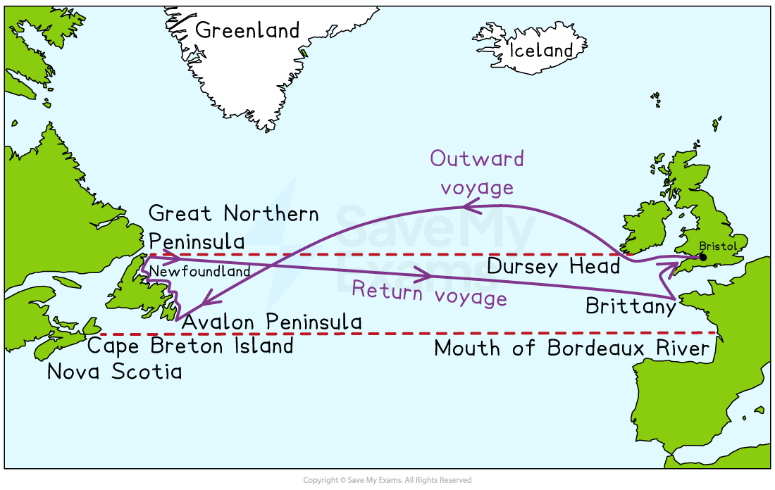 An illustrated map showing the route taken by John Cabot on his outward voyage from England to North America in 1497, and his return voyage back to England