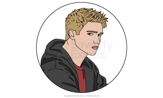 Illustration of a person with short spiky blond hair, wearing a black hoodie and red shirt, inside a circle with a faint watermark in the background.