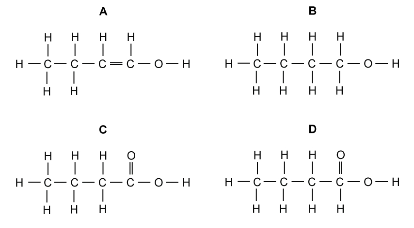 Four chemical structures labelled A, B, C, and D. A has a carbon triple bond; B has single bonds; C and D have a carbon double-bonded to oxygen.