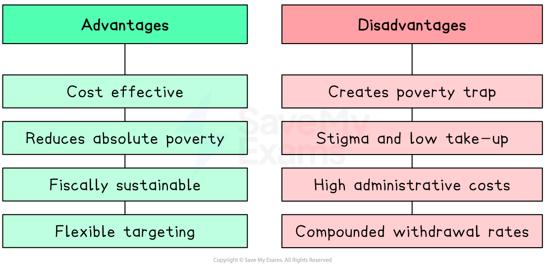 Chart comparing advantages and disadvantages. Advantages include cost-effectiveness and flexible targeting. Disadvantages include stigma and high admin costs.