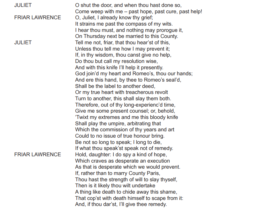 Script excerpt from Shakespeare's "Romeo and Juliet." Dialogue between Juliet and Friar Laurence discussing her desperation and seeking a remedy for her plight.